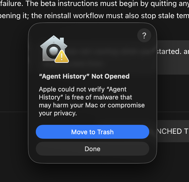 The first macOS warning with the Done button at the bottom