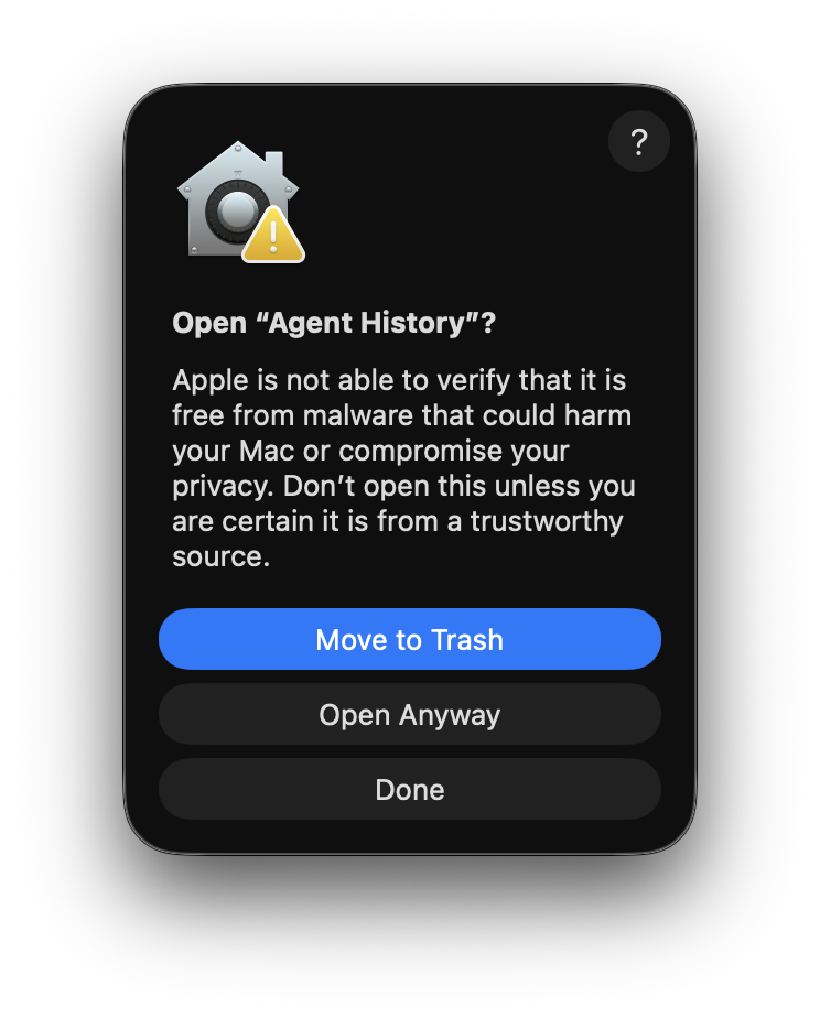 The macOS confirmation with the Open Anyway button
